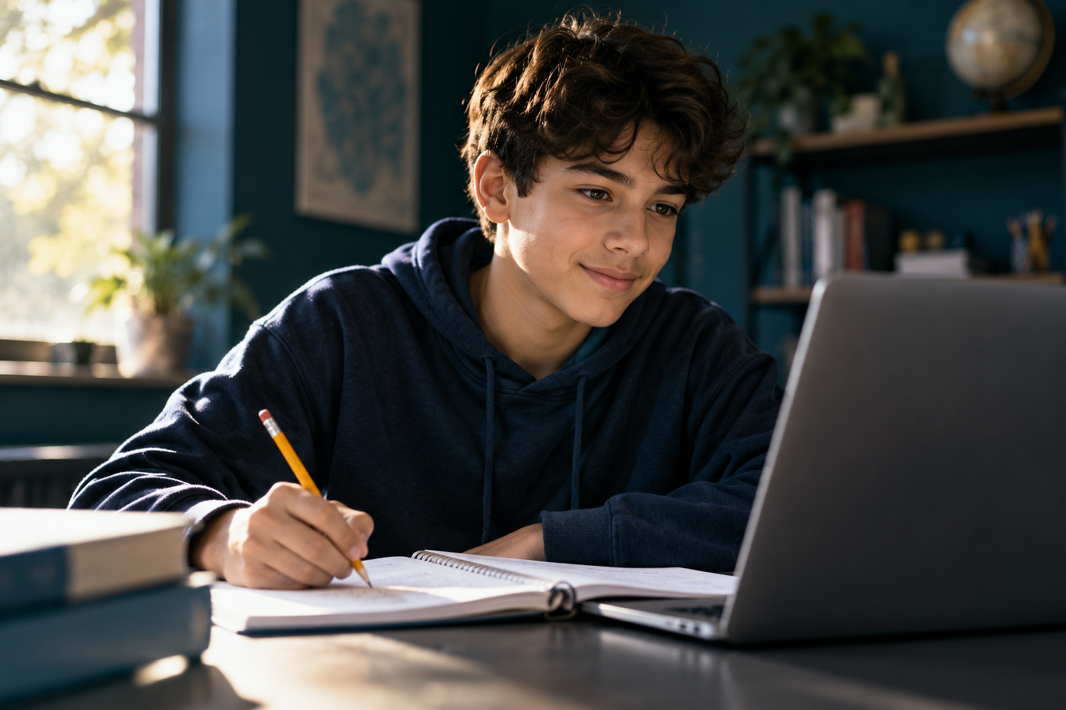 Illustrative student working thoughtfully with a laptop and notebook